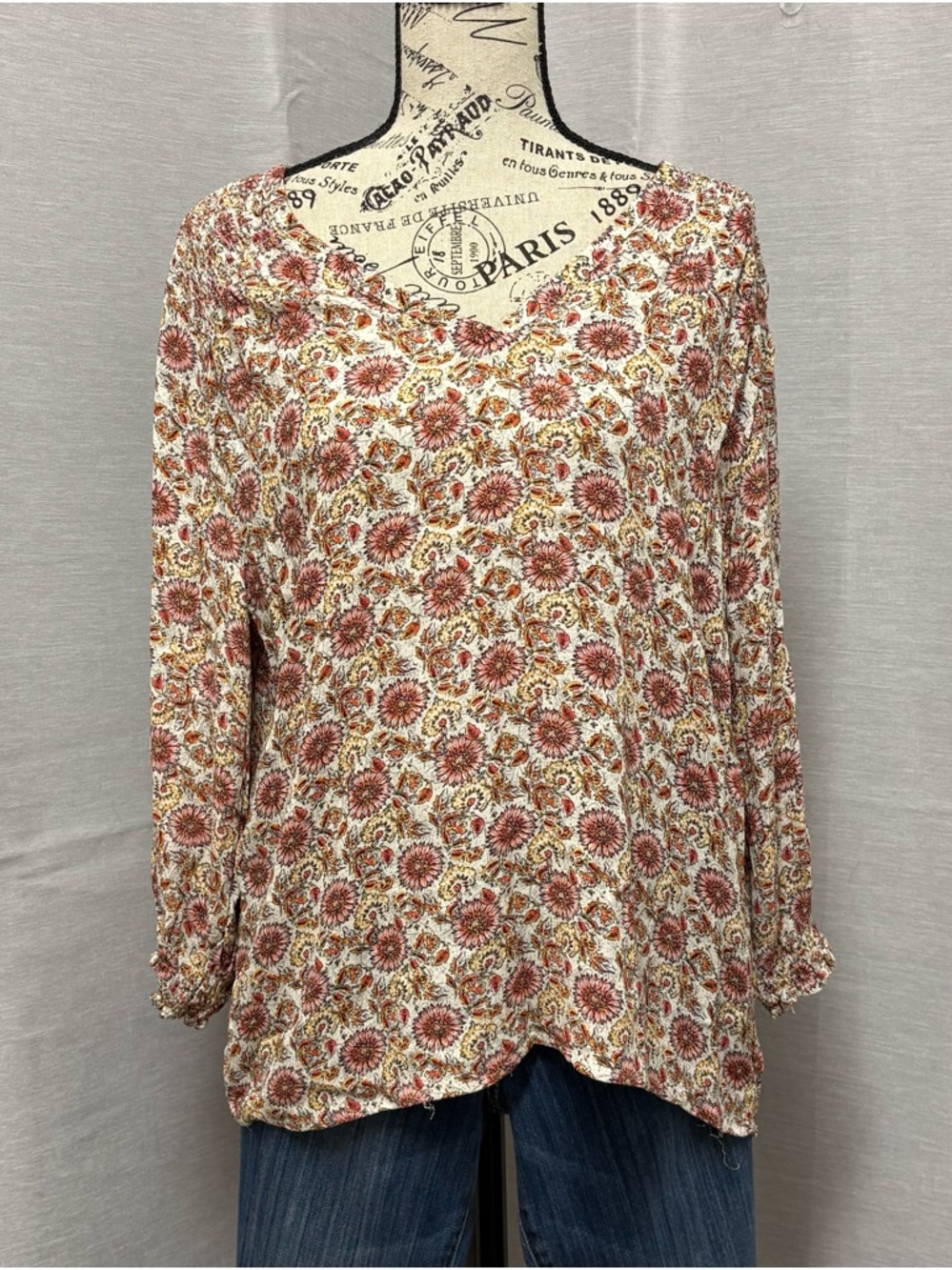 /Cynthia Rowley Floral V-Neck Long-Sleeve blouse - Cream with Rust Sz L